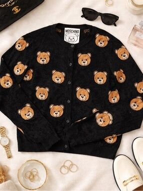 Moschino Teddy Bear Jacquard Knit Cardigan Medium